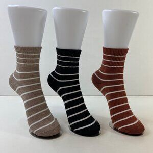 Womens Striped Crew Socks 3 Pack Ribbed Cuff Beige Black Red